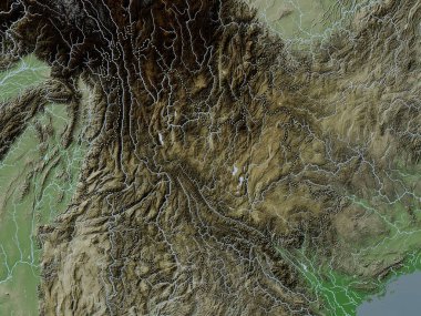Yunnan, Çin vilayeti. Yükseklik haritası göller ve nehirlerle wiki stilinde renklendirilmiştir
