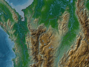 Antioquia, Kolombiya Bölümü. Gölleri ve nehirleri olan renkli yükseklik haritası