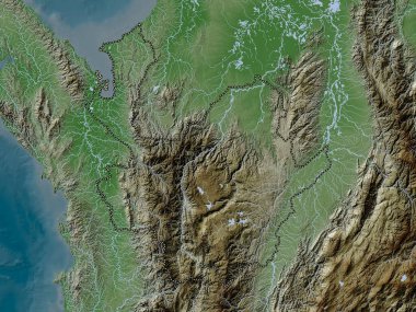 Antioquia, Kolombiya Bölümü. Yükseklik haritası göller ve nehirlerle wiki stilinde renklendirilmiştir