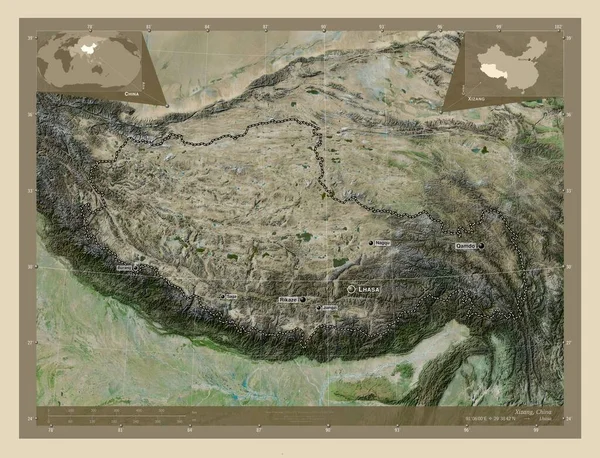 中国の自治区西蔵 高解像度衛星地図 地域の主要都市の位置と名前 コーナー補助位置図 — ストック写真