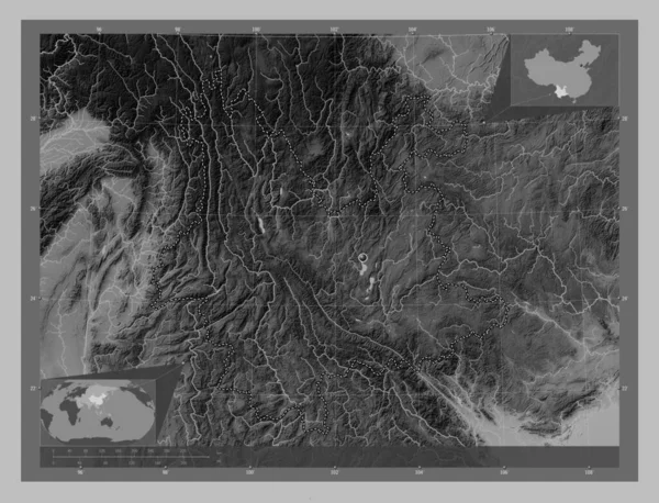 Yunnan Province China Grayscale Elevation Map Lakes Rivers Corner Auxiliary — Stock Photo, Image