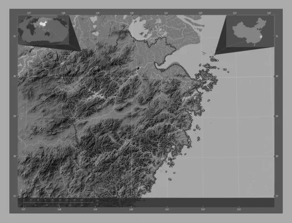 Чжецзян Провінція Китай Білевелівська Карта Висот Озерами Річками Кутові Допоміжні — стокове фото