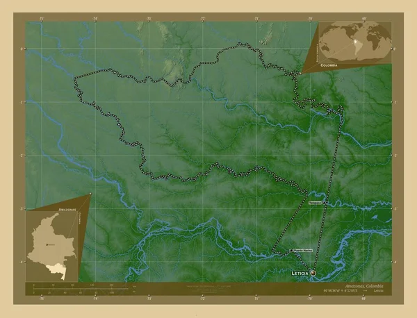 Αμαζόνας Τμήμα Κολομβίας Χρωματιστός Υψομετρικός Χάρτης Λίμνες Και Ποτάμια Τοποθεσίες — Φωτογραφία Αρχείου