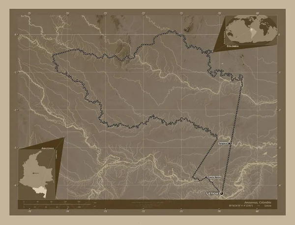 Amazonas, department of Colombia. Elevation map colored in sepia tones with lakes and rivers. Locations and names of major cities of the region. Corner auxiliary location maps