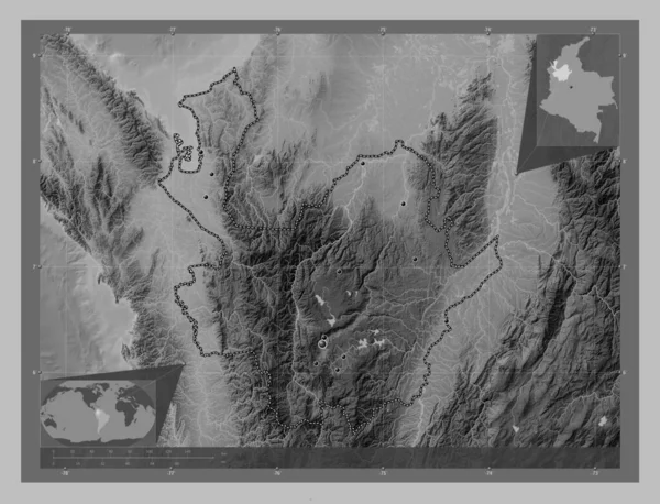 Antioquia Departament Kolumbii Mapa Wzniesień Skali Szarości Jeziorami Rzekami Lokalizacje — Zdjęcie stockowe