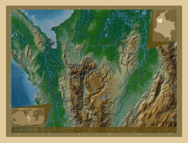 Antiquia Oddělení Kolumbie Barevná Mapa Jezery Řekami Pomocné Mapy Polohy — Stock fotografie