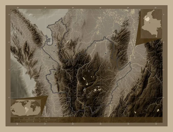 Antiquia Oddělení Kolumbie Zdvihová Mapa Zbarvená Sépiovými Tóny Jezery Řekami — Stock fotografie