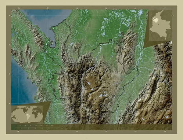 Antioquia Kolombiya Bölümü Yükseklik Haritası Göller Nehirlerle Wiki Tarzında Renklendirilmiş — Stok fotoğraf