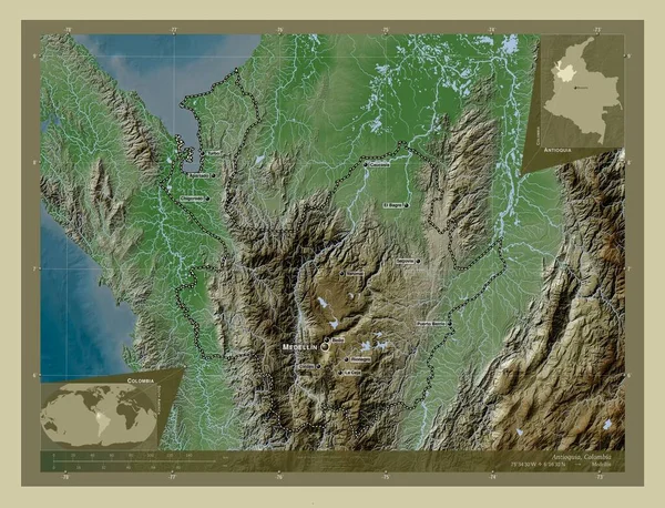 Antioquia Departamento Colombia Mapa Elevación Coloreado Estilo Wiki Con Lagos — Foto de Stock