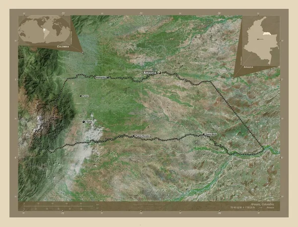 アラウカコロンビアの強さ 高解像度衛星地図 地域の主要都市の位置と名前 コーナー補助位置図 — ストック写真