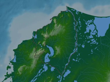 Atlantico, Kolombiya Departmanı. Gölleri ve nehirleri olan renkli yükseklik haritası