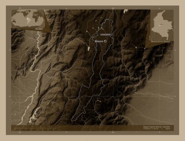 Bogota Capital Bölgesi, Kolombiya Bölümü. Yükseklik haritası sepya tonlarında göller ve nehirlerle renklendirilmiş. Bölgenin büyük şehirlerinin yerleri ve isimleri. Köşedeki yedek konum haritaları