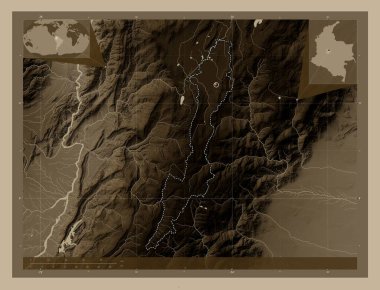 Bogota Capital Bölgesi, Kolombiya Bölümü. Yükseklik haritası sepya tonlarında göller ve nehirlerle renklendirilmiş. Köşedeki yedek konum haritaları