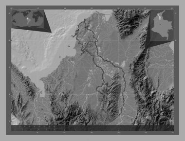 Bolivar, Kolombiya Departmanı. Göllü ve nehirli çift katlı yükseklik haritası. Köşedeki yedek konum haritaları
