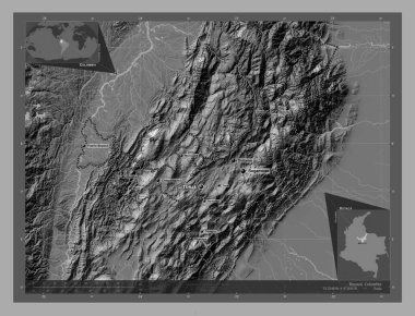 Boyaca, Kolombiya Departmanı. Göllü ve nehirli çift katlı yükseklik haritası. Bölgenin büyük şehirlerinin yerleri ve isimleri. Köşedeki yedek konum haritaları