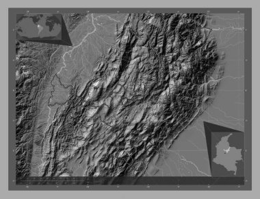 Boyaca, Kolombiya Departmanı. Göllü ve nehirli çift katlı yükseklik haritası. Köşedeki yedek konum haritaları
