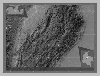 Boyaca, Kolombiya Departmanı. Gölleri ve nehirleri olan gri tonlama yükseklik haritası. Bölgenin büyük şehirlerinin yerleri. Köşedeki yedek konum haritaları