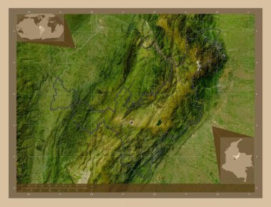 Boyaca, Kolombiya Departmanı. Düşük çözünürlüklü uydu. Köşedeki yedek konum haritaları