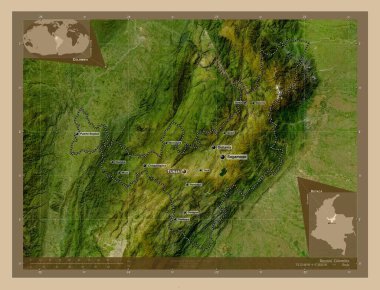 Boyaca, Kolombiya Departmanı. Düşük çözünürlüklü uydu. Bölgenin büyük şehirlerinin yerleri ve isimleri. Köşedeki yedek konum haritaları
