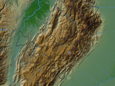 Boyaca, Kolombiya Departmanı. Gölleri ve nehirleri olan renkli yükseklik haritası