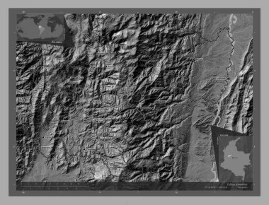 Caldas, Kolombiya Departmanı. Göllü ve nehirli çift katlı yükseklik haritası. Bölgenin büyük şehirlerinin yerleri ve isimleri. Köşedeki yedek konum haritaları