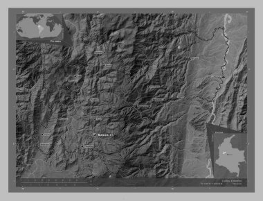 Caldas, Kolombiya Departmanı. Gölleri ve nehirleri olan gri tonlama yükseklik haritası. Bölgenin büyük şehirlerinin yerleri ve isimleri. Köşedeki yedek konum haritaları
