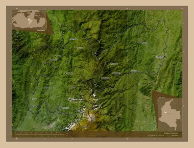 Caldas, Kolombiya Departmanı. Düşük çözünürlüklü uydu. Bölgenin büyük şehirlerinin yerleri ve isimleri. Köşedeki yedek konum haritaları