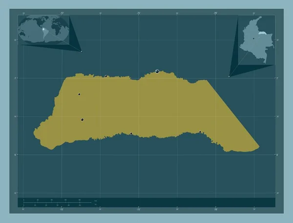 アラウカコロンビアの強さ しっかりした色の形 地域の主要都市の場所 コーナー補助位置図 — ストック写真