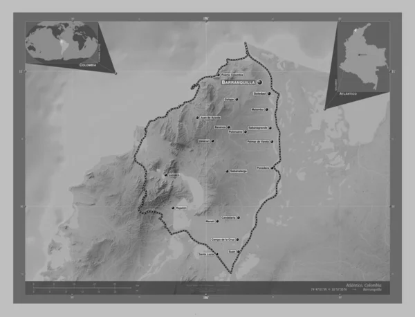 Атлантико Департамент Колумбии Карта Высот Оттенках Серого Озерами Реками Места — стоковое фото