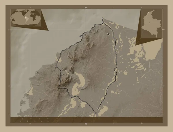 Atlantico, department of Colombia. Elevation map colored in sepia tones with lakes and rivers. Corner auxiliary location maps