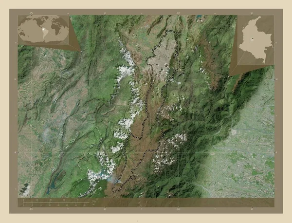 コロンビアの首都ボゴタ地区 高解像度衛星地図 地域の主要都市の場所 コーナー補助位置図 — ストック写真