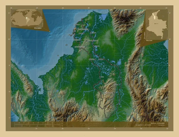 Bolivar Departement Colombia Gekleurde Hoogtekaart Met Meren Rivieren Locaties Namen — Stockfoto