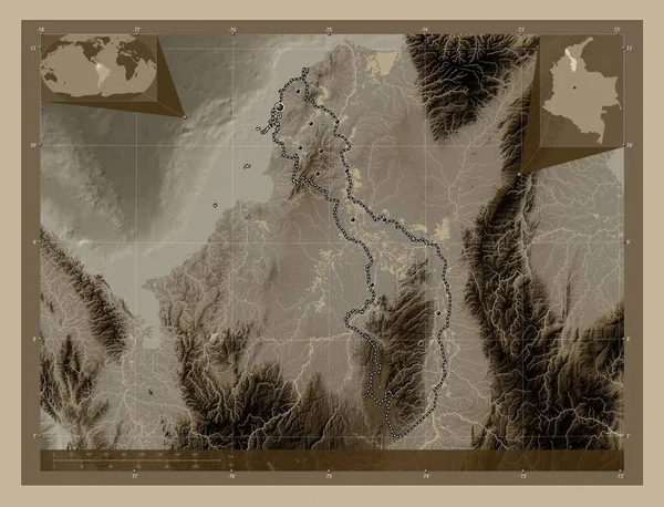 Bolívar Kolumbijské Oddělení Zdvihová Mapa Zbarvená Sépiovými Tóny Jezery Řekami — Stock fotografie