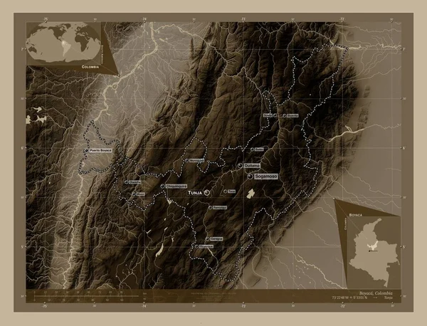 Бояка Департамент Колумбии Карта Высоты Окрашенная Сепиевые Тона Озерами Реками — стоковое фото