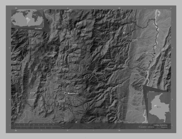 Caldas Departament Kolumbii Mapa Wzniesień Skali Szarości Jeziorami Rzekami Lokalizacje — Zdjęcie stockowe