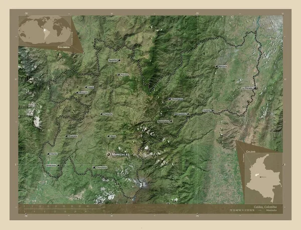 Caldas 哥伦比亚省 高分辨率卫星地图 该区域主要城市的地点和名称 角辅助位置图 — 图库照片