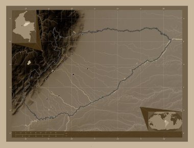 Casanare, Kolombiya 'nın azmi. Yükseklik haritası sepya tonlarında göller ve nehirlerle renklendirilmiş. Bölgenin büyük şehirlerinin yerleri. Köşedeki yedek konum haritaları