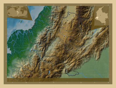 Cauca, Kolombiya Bölümü. Gölleri ve nehirleri olan renkli yükseklik haritası. Bölgenin büyük şehirlerinin yerleri. Köşedeki yedek konum haritaları