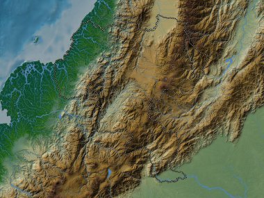 Cauca, Kolombiya Bölümü. Gölleri ve nehirleri olan renkli yükseklik haritası