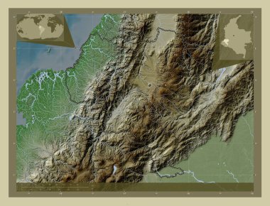 Cauca, Kolombiya Bölümü. Yükseklik haritası göller ve nehirlerle wiki tarzında renklendirilmiş. Köşedeki yedek konum haritaları