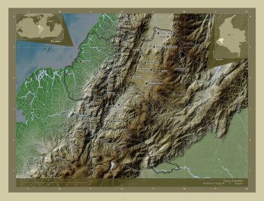 Cauca, Kolombiya Bölümü. Yükseklik haritası göller ve nehirlerle wiki tarzında renklendirilmiş. Bölgenin büyük şehirlerinin yerleri ve isimleri. Köşedeki yedek konum haritaları
