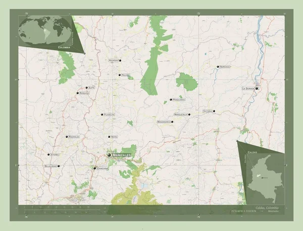 コロンビアのカルダスだ ストリートマップを開く 地域の主要都市の位置と名前 コーナー補助位置図 — ストック写真