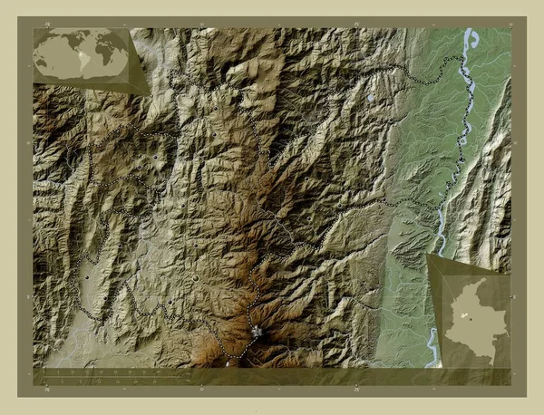 Caldas Oddělení Kolumbie Zdvihová Mapa Zbarvená Stylu Wiki Jezery Řekami — Stock fotografie