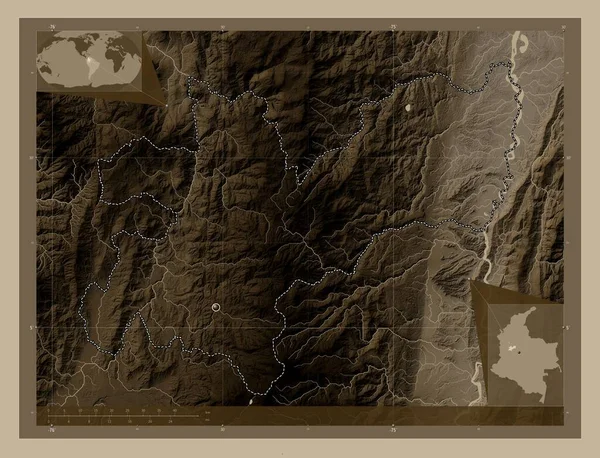 Caldas, department of Colombia. Elevation map colored in sepia tones with lakes and rivers. Corner auxiliary location maps