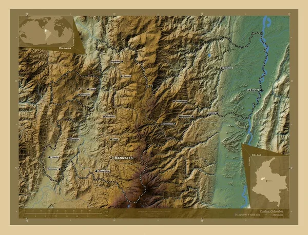 Caldas Department Colombia Colored Elevation Map Lakes Rivers Locations Names — Stock Photo, Image