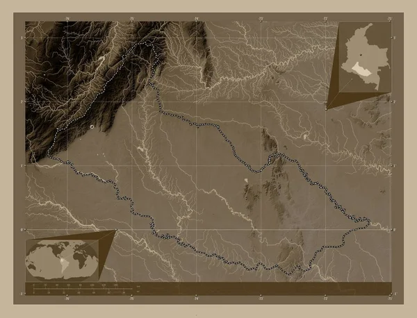 Caqueta Intensywność Kolumbii Mapa Elewacji Kolorowe Sepia Dźwięki Jeziorami Rzekami — Zdjęcie stockowe