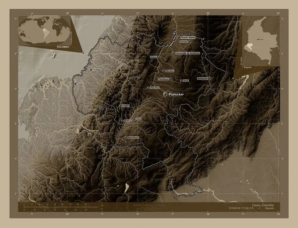 Cauca Dipartimento Della Colombia Mappa Elevazione Colorata Toni Seppia Con — Foto Stock