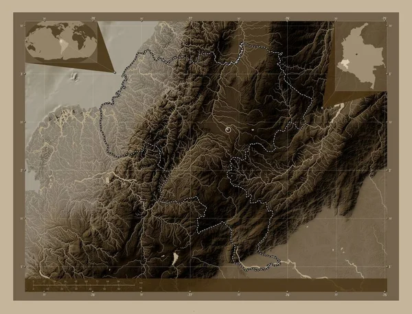 Cauca Department Colombia Elevation Map Colored Sepia Tones Lakes Rivers — Stock Photo, Image