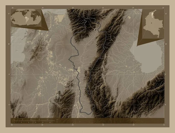 Сезар Департамент Колумбії Висота Карти Забарвлена Сепії Тонів Озерами Річками — стокове фото