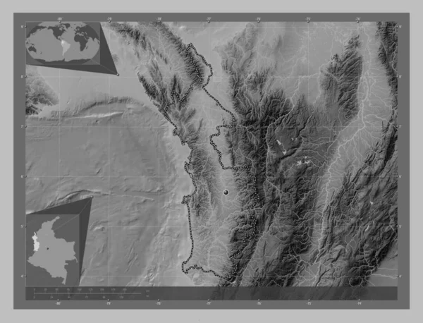 コロンビアのチョコだ 湖や川とグレースケールの標高マップ コーナー補助位置図 — ストック写真
